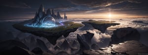 (Masterpiece, Best Quality), highres, (8k resolution wallpaper), ultra-detailed wallpaper, panoramic view, unique, otherworldly, digital illustration, trending on artstation, futuristic, official, original, floating island above the clouds, (cinematic lighting:1.1), sunrise, gradient sky, horizon, (deep depth of field), ancient arcihtecture, alien planet, nostalgic, (ambient lighting), finely crafted detailed, (glass, glass architecture, transparent:1.1), fantastic rendition of a fantasy setting, nature, cloud, intricate design, perfect composition, insanely detailed,  light fluorescence, hyoer-detailed octane render, atmosphere, (concept art)