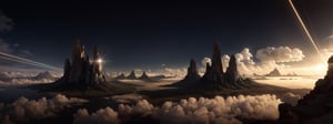 (Masterpiece, Best Quality), highres, (8k resolution wallpaper), ultra-detailed wallpaper, panoramic view, unique, otherworldly, digital illustration, trending on artstation, futuristic, official, original, floating island above the clouds, (cinematic lighting:1.1), sunrise, gradient sky, horizon, (deep depth of field), ancient arcihtecture, alien planet, nostalgic, (ambient lighting), finely crafted detailed, (glass, glass architecture, transparent:1.1), fantastic rendition of a fantasy setting, nature, cloud, intricate design, perfect composition, insanely detailed,  light fluorescence, hyoer-detailed octane render, atmosphere, (concept art)