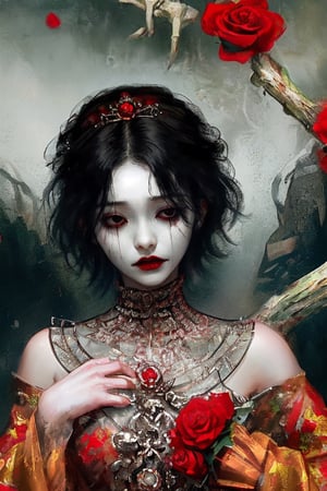  horror (theme) (Horror illustration, terrifying scene, portrait) very beautyfull Woman with short black hair, no eyes, No eyeballs hollow black eyes. Red dress with three roses in her hand.

Covering his chest with flowers 