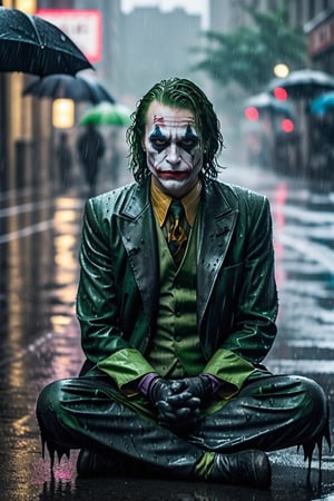 Joker lookalike from the batman, wearing torn rag outfit, aesthetic body, meditating in the rain, Highly detailed faces, highly detailed bodies, highly detailed clothing, Perfect finger, not a single blemish, background with people worshipping jesus