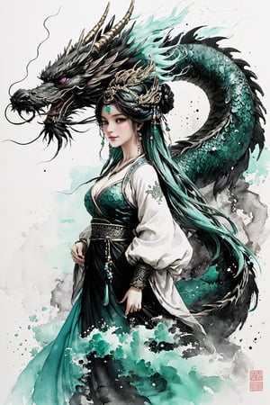 1girl, High detailed, (masterpiece, best quality, ultra-detailed, 8K), ((blank background)), vibrant colors, (long_hair, aqua_hair, chinese dragon ,ink,parted_bangs, hair_ornament, headband, forehead_protector,)), green_eyes, lips, ornament, (big_breasts, round_breast, big_boobs), ((dress, black_dress, purple_dress, cleavage, long_sleeves, ), ((gradient background)), (((upper_body, head and shoulder portrait, front_view,)) ,Vexana,jewelry, bronze, gem, magic, glowing, ((,floating object on shoulders)),Dress,High detailed, pauldrons, looking_at_viewer, ,High detailed ,Color magic ,
