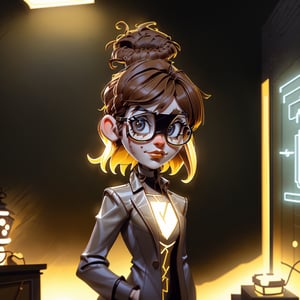 insertNameHereV6 AI personal assistant, poised in a home office, minimal Scandinavian design, brunette hair styled in a messy bun, smart-casual blazer and glasses, whiteboard and holographic interfaces in the background, yellow glow badge, (authentic:1.3) (professional:1.2) (modern tech ambience:1.4) (cinematic lighting:1.3) (neutral palette:1.1) (crisp) (stylish) (efficient)
