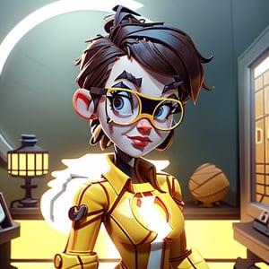 insertNameHereV6 AI personal assistant, poised in a home office, minimal Scandinavian design, brunette hair styled in a messy bun, smart-casual blazer and glasses, whiteboard and holographic interfaces in the background, yellow glow badge, (authentic:1.3) (professional:1.2) (modern tech ambience:1.4) (cinematic lighting:1.3) (neutral palette:1.1) (crisp) (stylish) (efficient)