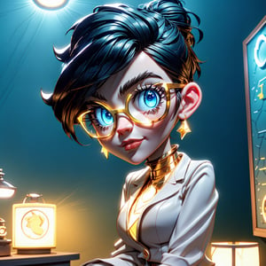 insertNameHereV6 AI personal assistant, poised in a home office, minimal Scandinavian design, gorgeous BLUE EYES, (shine eyes01:0.5) brunette hair styled in a messy bun, smart-casual blazer and glasses, whiteboard and holographic interfaces in the background, yellow glow badge, (authentic:1.3) (professional:1.2) (modern tech ambience:1.4) (cinematic lighting:1.3) (neutral palette:1.1) (crisp) (stylish) (efficient),shine eyes01,3DMM