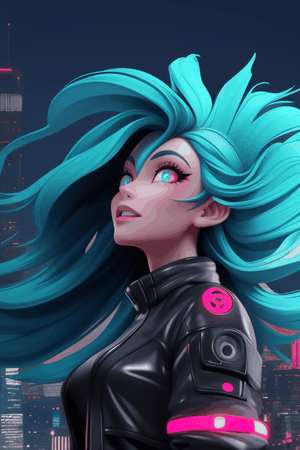 A cyberpunk fox girl with vibrant neon hair, wearing a sleek leather jacket adorned with glowing circuit patterns, looking up at the towering city skyscrapers. Her eyes shimmer with a mix of curiosity and excitement as the wind blows through her hair, creating a dynamic and mesmerizing scene against the backdrop of the futuristic metropolis.
