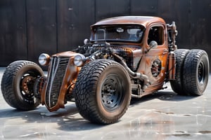 realistic photo, extremely detailed,Glass made ultra Detailed translucent high-tech style hot rod,four-cylinder engine, turbo, wide tires,bigger wheels, giger,rat_rod,Clear Glass Skin