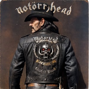 Album Cover Art  close up cyberpunk style, motörhead_cover, record cover,Album Cover Art, often for music albums, band branding, or iconic cover design
Lemmy Kilmister,black western hat,(holding whiskey bottle), anti union flag design, dirty torn studded leather jacket,military Style jacket,dirty black leather pants, dirty long torn leather boots,stained clothes, dirty torn leather jacket,photo r3al,mot枚rhead_cover,chibi,rat_rod