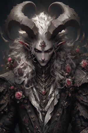 (masterful), albino demon  Prince,Male,(long intricate horns:1.2), is dressed in a captivating blend of Baroque and punk fashion styles,Roses in one's bosom,Her attire features ornate Baroque-inspired garments with intricate lace, ruffles, and embellishments, reminiscent of royalty from the Baroque era. However, the traditional elements are juxtaposed with edgy punk accents, such as leather straps, spikes, and chains, adding a rebellious and modern twist to her ensemble. The color palette includes rich jewel tones and metallic hues, enhancing the opulent yet rebellious aesthetic. ,dal