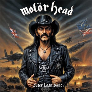 Album Cover Art  close up cyberpunk style, motörhead_cover, record cover,Album Cover Art, often for music albums, band branding, or iconic cover design
Lemmy Kilmister,black western hat,(holding whiskey bottle), anti union flag design, dirty torn studded leather jacket,military Style jacket,dirty black leather pants, dirty long torn leather boots,stained clothes, dirty torn leather jacket,photo r3al,mot枚rhead_cover,chibi