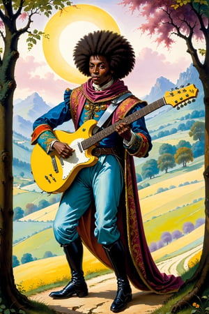 A medieval minstrel with very colorful suit with tippet and hood playing a ((Electric guitar)) in a romantic landscape,guitar amplifier,afro-hair,
 oil painting, extremely detailed, masterpiece, approaching to perfection, by Moritz von Schwind and Alan Lee 