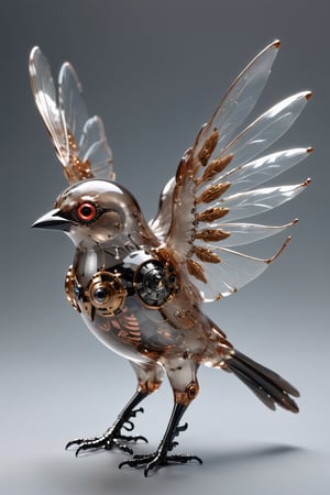 CHERRYBLOSSOM,Transparent Cyborg Grayish Baywing,glass made mechanical cute bird about 7 inches long,(brownish-gray plumage), the wings feathers have a reddish-brown tone, The region between the eyes and nostrils is black,  it has black eyes,  black legs,okeh,japanese art,c1bo,japanese style,Clear Glass Skin