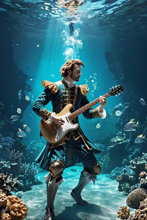 white man playing an electric guitar passionately at the bottom of the sea, dressed in Renaissance-era noble fashion. Envision the musician submerged in an ethereal aquatic scene, with his Renaissance-inspired attire flowing in the water as he rocks out on the electric guitar. Optimize for a visually striking composition that seamlessly blends the classical elegance of Renaissance fashion with the vibrant energy of underwater rock performance through StyleGAN.",ANIME
