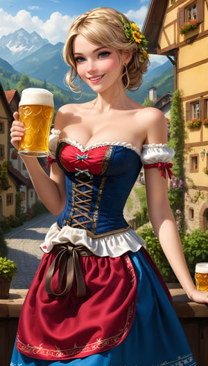 strapless dirndl costume Germany, featuring a distinctive design without shoulder straps,Envision the bodice and skirt showcasing traditional German patterns and colors,holding beer mug 🍻,smile , absence of shoulder straps adding a modern and alluring touch. Emphasize the intricate details of the dirndl's design, incorporating elements of German culture,strapless style into the traditional charm of the dirndl costume, creating German-inspired attire,
beautiful village background,