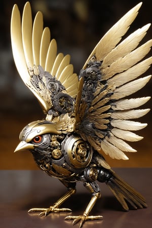gold Leaf art,
 ,cyborg Grayish Baywing,mechanical cute bird about 7 inches long,  with (brownish-gray plumage:1.3), the wings feathers have a reddish-brown tone, The region between the eyes and nostrils is black,  it has black eyes,  black legs,okeh,japanese art,c1bo