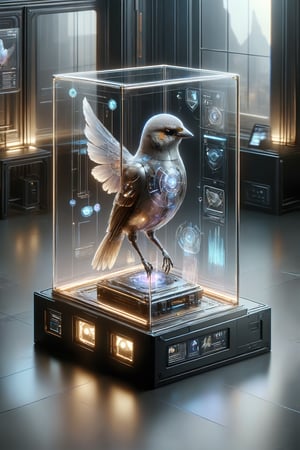 Giant, engineered 3D printers,Small bird being synthesized by 3D printer,Transparent Cyborg Grayish Baywing,glass made mechanical cute bird,(brownish-gray plumage), the wings feathers have a reddish-brown tone, The region between the eyes and nostrils is black,  it has black eyes,  black legs,c1bo,Clear Glass Skin,gbaywing,DonMH010D15pl4yXL 