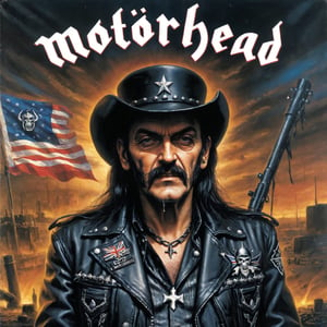 Album Cover Art  close up cyberpunk style, motörhead_cover, record cover,Album Cover Art, often for music albums, band branding, or iconic cover design
Lemmy Kilmister,black western hat,(holding whiskey bottle), anti union flag design, dirty torn studded leather jacket,military Style jacket,dirty black leather pants, dirty long torn leather boots,stained clothes, dirty torn leather jacket,photo r3al,mot枚rhead_cover,chibi
