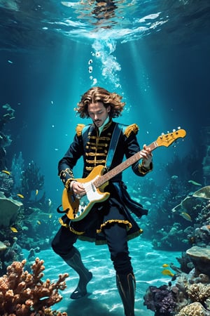 white man playing an electric guitar passionately at the bottom of the sea, dressed in Renaissance-era noble fashion. Envision the musician submerged in an ethereal aquatic scene, with his Renaissance-inspired attire flowing in the water as he rocks out on the electric guitar. Optimize for a visually striking composition that seamlessly blends the classical elegance of Renaissance fashion with the vibrant energy of underwater rock performance through StyleGAN.",ANIME