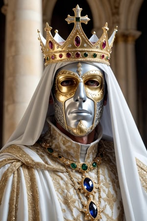 1man, King Baldwin IV,of Jerusalem draped in an incredibly opulent ceremonial robe, Silver Mask, ,befitting his royal stature. The garment, adorned with intricate gold embroidery and precious gemstones, exudes an aura of regal splendor. Atop his head rests a majestic crown, encrusted with glittering jewels that catch the light with every movement. Concealing his features, he wears a solemn and imposing mask, adding an air of mystery and authority to his presence. As he strides through the grand halls of his palace, King Baldwin IV commands the attention of all who behold him, embodying the power and majesty of the Kingdom of Jerusalem,The huge HOLY CROSS is on its back.