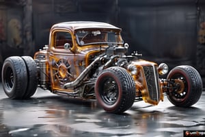 realistic photo, translucen,extremely detailed,Glass made ultra Detailed translucent high-tech style hot rod,four-cylinder engine, turbo, wide tires,bigger wheels, giger,rat_rod,Clear Glass Skin