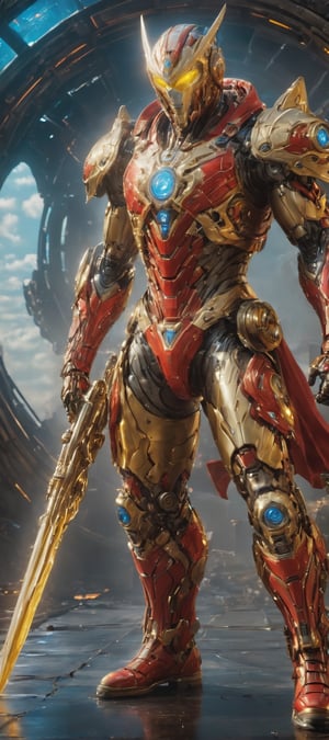 A male superhero that inspired from a cross between Ultraman and Godman, He wears a full red suit that has shining silver steel areas around his pectorals and lower body, On his legs part his red suit fades into golden gradient until the end of his mechanical boots, generate a golden markings on his lower arms, red stripes of energy core spread out from his forehead to his face, His eyes have no pupils or irises and are just completely glowing Yellow full with energy, at the top of his head stretch long bleach-blonde hair that flows down his back showing his majestic appearance, toned and muscular, extremely detailed, hyper-realistic, high_res, HDR, ,ROBOT, SIDEVIEW