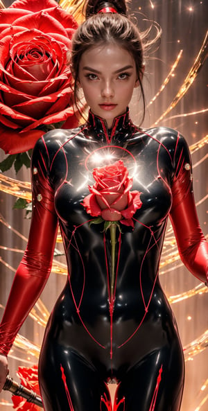 Create a hyper realistic image of a girl with transparent glass epoxy body suit, holding a glowing rose that radiating bright red light, make her immersed in a surge of intense hue Aura Energy, passion, expressive eyes, Cinematic Lighting, Dazzling Composition, hyper realistic, ultra HD, very detail, sharp focus, REALISTIC,weapon