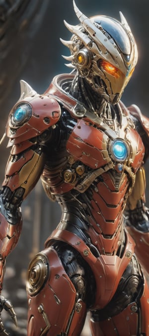 A male superhero that inspired from a cross between Ultraman and Godman, He wears a full red suit that has shining silver steel areas around his pectorals and lower body, On his legs part his red suit fades into golden gradient until the end of his mechanical boots, generate a golden markings on his lower arms, red stripes of energy core spread out from his forehead to his face, His eyes have no pupils or irises and are just completely glowing Yellow full with energy, at the top of his head stretch long bleach-blonde hair that flows down his back showing his majestic appearance, toned and muscular, extremely detailed, hyper-realistic, high_res, HDR, ,ROBOT, SIDEVIEW,CtFruitsRedmAF