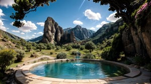 A magical valley is hidden in the mountains, surrounded by high, rugged cliffs. The valley is full of colorful flowers and fruit trees. The birds sing happy melodies, and the air is filled with a sweet aroma.
In the center of the valley, there is a magical fountain. The water in the fountain is crystal clear