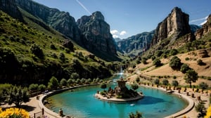 A magical valley is hidden in the mountains, surrounded by high, rugged cliffs. The valley is full of colorful flowers and fruit trees. The birds sing happy melodies, and the air is filled with a sweet aroma.
In the center of the valley, there is a magical fountain. The water in the fountain is crystal clear