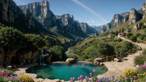 A magical valley is hidden in the mountains, surrounded by high, rugged cliffs. The valley is full of colorful flowers and fruit trees. The birds sing happy melodies, and the air is filled with a sweet aroma.
In the center of the valley, there is a magical fountain. The water in the fountain is crystal clear,FFIXBG