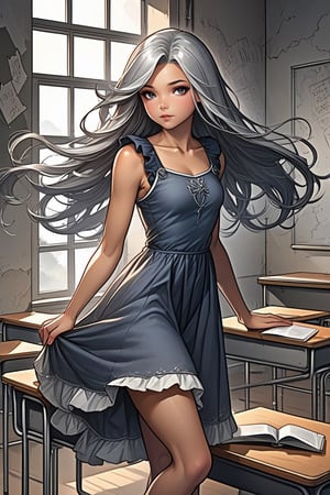 Young teen, pretty body, slim, casual teen dress, on the classroom, intricate costume, long floating hair, silver hair, old wall, window. BWcomic