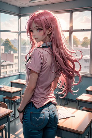 Slim teen girl, on the classroom, view from behind, she is looking back, sun light through window, romantic scene, pink hue, long floating hair, jeans, 2 strings shirt.
,BWcomic