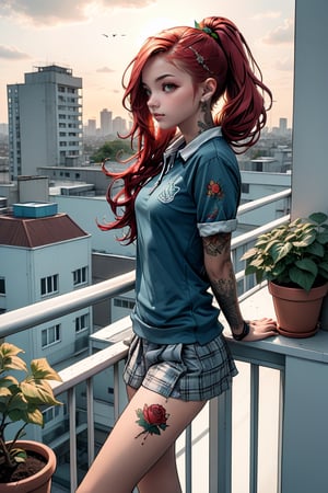 Pretty teenage girl, slim body, school unifrom, (fashion shoes), (Side view), (the girl look at viewer). Stylish, energetic, (small tattoo). She is on the balcony, city view, sun set, romantic, natural light, wind floating. Scarlett hair, hair ornament, flower pots on balcony decoration. BWcomic, flatdraw
