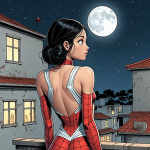 Spider girl, red and white . teenage, slim fit body, black hair, view from behind, (she is looking back), old building, (night sky:1.2)
BWcomic