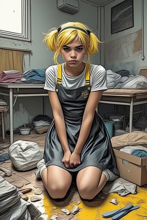 (small teen girl), confident girl, angry face, (Maid dress), 2 strings dress, on the messy room, short bang straigth yellow hair, maid head band. sitting on the floor, look up to camera. BWcomic