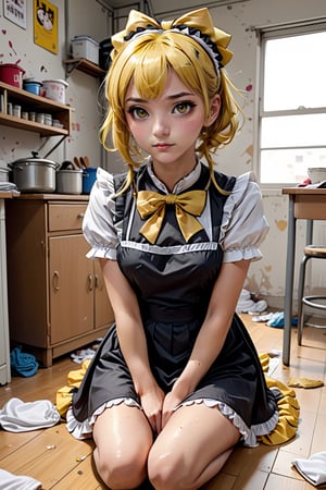 (beautiful girl), love ly girl, anime, (Maid dress), 2 strings dress, on the messy room, short bang straigth yellow hair, maid head band. sitting on the floor, look up to camera. BWcomic