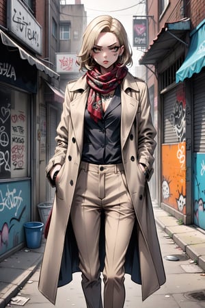 Female Mafia boss, slim fit body, standing on the night slum street, fashionista, long coat, Khakis pants, smooth silk scarf, luxurious, cool face, (tattoo). Doodle graffiti
,BWcomic