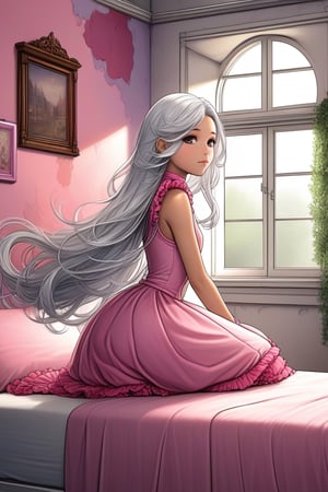 Young teen, pretty body, slim, casual teen dress, on the pink bedroom, girly decoration, intricate costume, long floating hair, silver hair, old wall, window. BWcomic