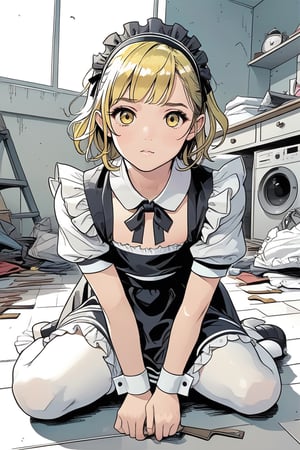 Cute face, (small teen girl), (Maid dress), on the messy room, short girly yellow hair, maid head band, sleeve costume. sitting on the floor, look up to camera. BWcomic, flatdraw,BWcomic