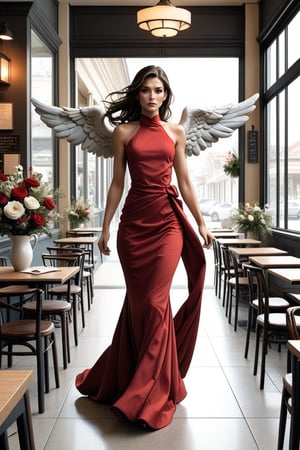 Pretty woman, slim body, red dress, impressive dress, (angel:1.4), walking out of the coffee shop, flowers decoration, natural light. BWcomic