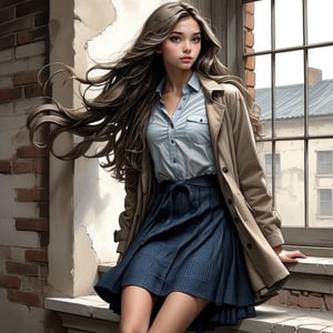 Young teen, pretty body, slim, casual teen dress, shirt, layer skirt, coat, long floating hair, old wall, window. 
. BWcomic