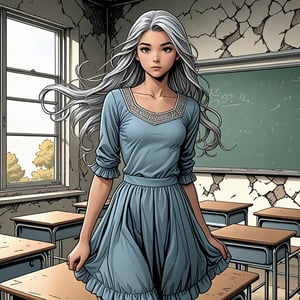 Young teen, pretty body, slim, casual teen dress, on the classroom, intricate costume, long floating hair, silver hair, old wall, window. BWcomic