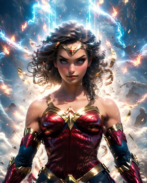 an image of an wonder women qpangel in the sky, unreal engine render + a goddess, wonder woman as a heavenly angel, unreal engine render saint seiya, goddess of light, wonder woman meditating in space, infinite angelic wings, tron angel, wings made of light, angelic wings on her back, square enix cinematic art, tall female devil, wonder woman as an devil, variant poses, ,detailmaster2, flying, very bright gorgeous eyes,