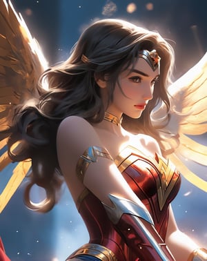 an image of an wonder women qpangel in the sky, unreal engine render + a goddess, wonder woman as a heavenly angel, unreal engine render saint seiya, goddess of light, wonder woman meditating in space, infinite angelic wings, tron angel, wings made of light, angelic wings on her back, square enix cinematic art, tall female devil, wonder woman as an devil, variant poses, ,detailmaster2, flying, very bright gorgeous eyes,