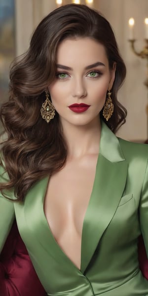 Generate hyper realistic image of a stunning woman with cascading dark chocolate waves, framed by delicate earrings. Her beautiful green eyes sparkle with warmth, complemented by a cute nose and blood-red lips. Dressed in designer November clothing, she exudes sophistication and charm, set in the cozy ambiance of a warmly lit living room.