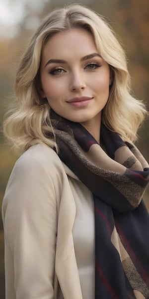 Generate hyper realistic image of a beautiful woman surrounded by nature, her blonde hair cascading down. With a cute nose and an innocent smile, she dons November designer attire, featuring a large scarf to keep her warm. The dark makeup adds a touch of sophistication to the cozy, outdoor scene.