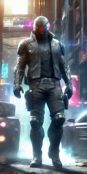 Generate hyper realistic image of a cyberpunk city where a fearless mercenary, with cybernetic enhancements and a reputation for being unstoppable, takes on dangerous missions to survive in a dystopian society. They are a force to be reckoned with, combining their combat skills and advanced technology to overcome any obstacle.