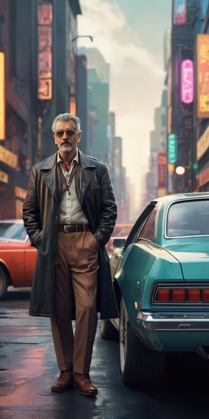 Generate hyper realistic image of a cyberpunk city where a middle-aged man, dressed in retro-inspired clothing, stands near his vintage car. With a wistful expression, he reminisces about the days when cars were fueled by gasoline and the open road was a symbol of freedom, longing for the simplicity and nostalgia of a bygone era