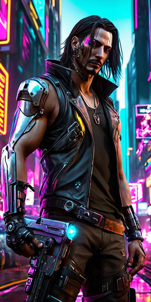 Generate hyper realistic image of a cyberpunk version of Johnny Silverhand, featuring augmented cybernetic enhancements, a luminous silver cyber arm, and a rebellious demeanor. Set against the backdrop of a neon-lit dystopian cityscape, capturing the essence of a digital rebel icon.