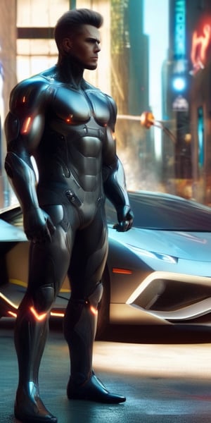 Generate hyper realistic image of a man with cybernetic enhancements standing near his sleek, technologically advanced car. His augmented eyes scan the surroundings, revealing hidden digital overlays and enhancing his perception of the world as he guards his high-tech vehicle.