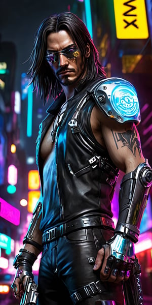 Generate hyper realistic image of a cyberpunk version of Johnny Silverhand, featuring augmented cybernetic enhancements, a luminous silver cyber arm, and a rebellious demeanor. Set against the backdrop of a neon-lit dystopian cityscape, capturing the essence of a digital rebel icon.